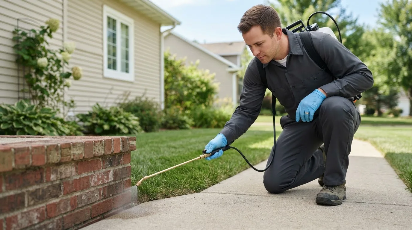 Pest control technician treating a home near Hampstead, NH