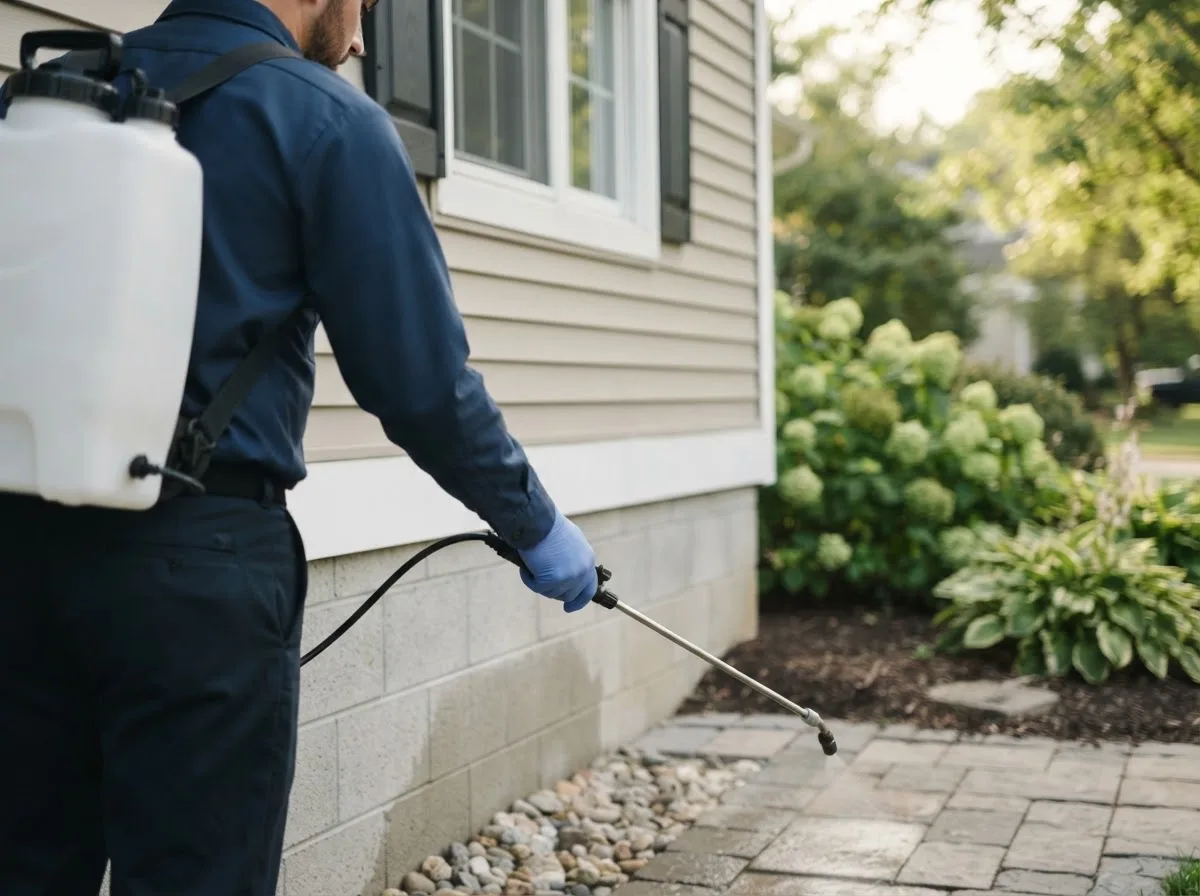 Pest control technician inspecting a home in Hampstead, NH